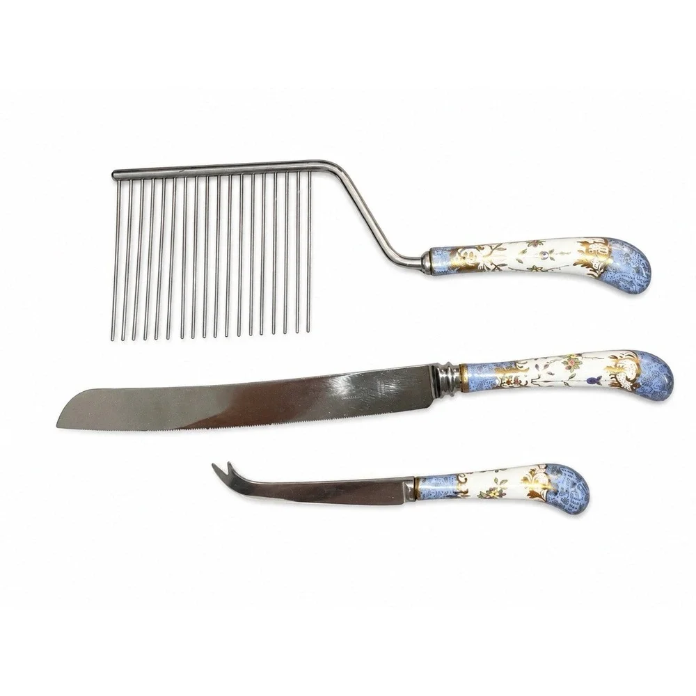 VTG Blue Gold Floraine Sheffield Cake Knife Set Stainless Floral